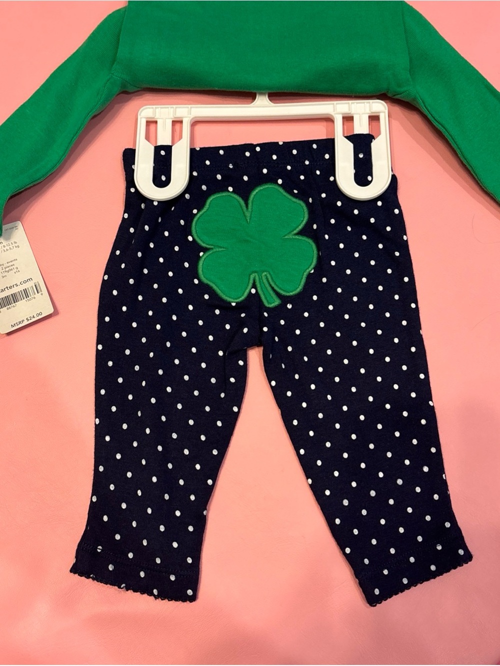 Carter's Green 'Daddy's Lucky Charm' Bodysuit with Navy Polka Dot Pants - Picture 2 of 4